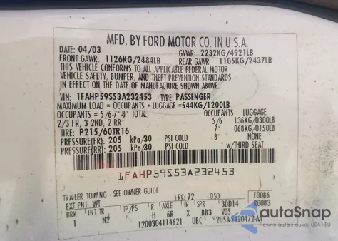 2003 Ford Taurus Sel z USA, uszkodzony, nr VIN 1FAHP59S53A232453